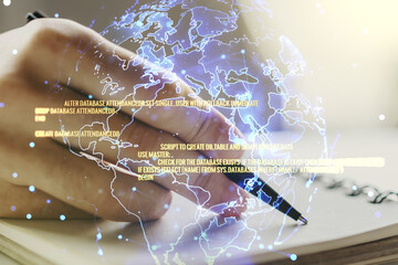 Poster - Multi exposure of abstract programming language hologram with world map and man hand writing in notepad on background, artificial intelligence and neural networks concept
