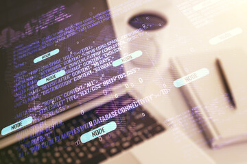 Poster - Multi exposure of abstract creative coding sketch with world map on modern laptop background, artificial intelligence and neural networks concept