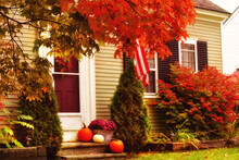 Pumpkins And Autumn Flowers On The Porch Of The House. Bright Leaves Of A Red Maple Tree Near The House And The American Flag. USA. Maine.