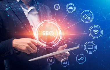 Fototapete - Seo-Optimization Collage, Businessman Using Digital Tablet Browsing Internet, Blue Background