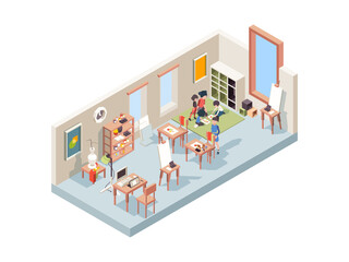 Poster - Drawing lesson. Teacher teaching little artists making paintings kids workspace with easel and canvas vector isometric interior. Easel and canvas, drawing picture hobby illustration