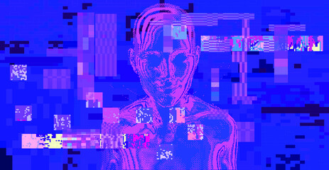 Aufkleber - Glitched screen with human silhouette hidden in pixels. Conceptual illustration for Artificial intelligence, Cyber Security and Informational technologies.