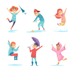 Sticker - Happy rainy kids. Water season characters playing in wet environment jumping in puddles vector children. Kid wet under rain, funny walk rainfall in rubber boots illustration