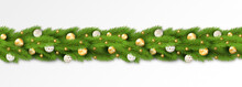 Detailed Seamless Christmas Garland With White And Gold Balls. Vector, 3d Illustration
