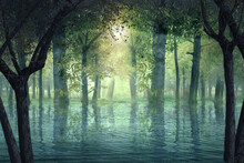 Haunted Forest With Lake And Sunlight Background