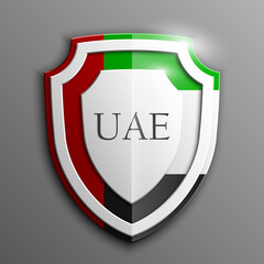 Design Shield  illustration banner with Abstract Background Flag UAE inside. United Arab Emirates template Art