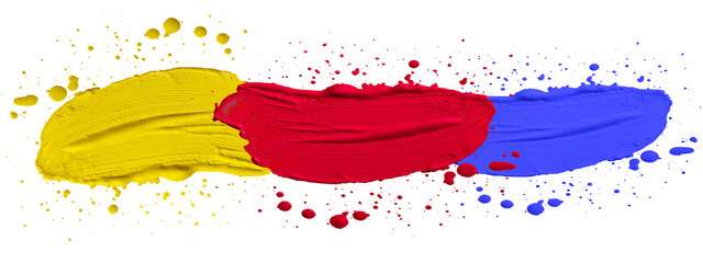 Poster - Primary color / acrylic paint background banner panorama - Abstract stroke / splash stains blobs brush of blue, red and yellow paint, isolated on white texture