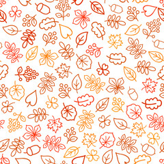 Wall Mural - Autumn leaves seamless pattern. Leaf icon set in ornamental tile background. Fall nature backdrop in line art style.