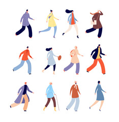 Sticker - Autumn people. Person in warm clothes, urban male characters dressed outerwear. Isolated flat fall seasonal crowd, man woman walk vector set. People in warm autumn clothes illustration