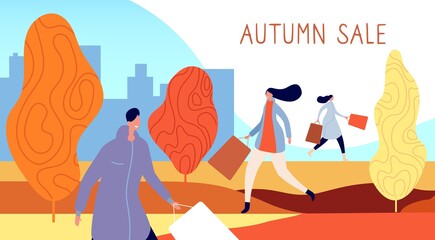 Poster - Autumn people shopping. City characters, person with shop bags walk on fall sale. Seasonal discount web banner, special offer vector flyer. Autumn sale in city, girl with bag illustration