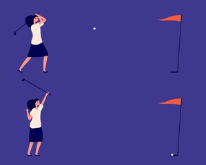 Poster - Business goal. Woman play in golf, successful project or investments metaphor. Manager golf club, ball hits target and girl win vector illustration. Girl win hiy precise target, successful playing