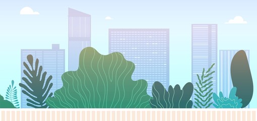 Sticker - Downtown park landscape. City green area or walking street. Skyscrapers and green spaces, urban landscaping vector illustration. Downtown city and landscape building town and green park