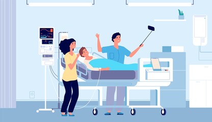 Sticker - Friends in hospital. Patients, happy people doing selfie with their friend in bed. Guy recovering, visitors to clinic in ward vector illustration. Hospital rehabilitation, healthcare and recovery