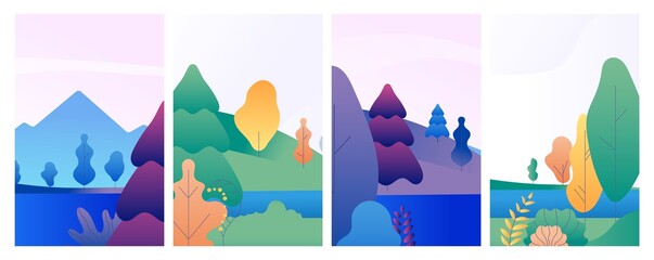 Nature landscape cards. Winter summer spring banners, forest and lake minimal style social media vector templates. Scene spring and autumn, summer landscape and winter illustration