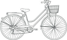 Retro Vintage Bicycle With Basket Realistic Sketch Template. Cartoon Vector Illustration In Black And White For Games, Background, Pattern, Decor. Print For Fabrics And Other Surfaces. Coloring Paper