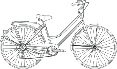 Retro vintage bicycle realistic sketch template. Cartoon vector illustration in black and white for games, background, pattern, decor. Print for fabrics and other surfaces. Coloring paper, page, book