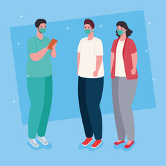 Poster - doctor and patients wearing medical mask against covid19 vector illustration design