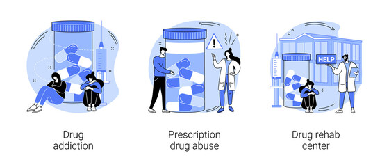 Wall Mural - Drug addiction abstract concept vector illustration set. Drug monitoring, prescription medication abuse, rehab center, overdose, therapy clinic, ankle bracelet, detox abstract metaphor.