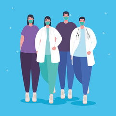 Sticker - group doctors and patients wearing medical mask against covid19 vector illustration design