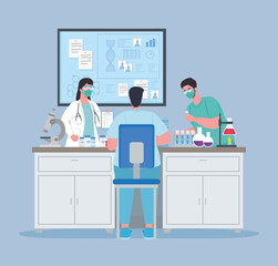 Wall Mural - medical vaccine research, doctor group in laboratory for scientific virus prevention study vector illustration design