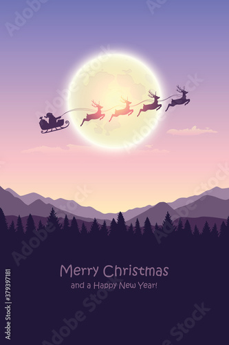 Fotografía christmas banner santa claus in a sleigh with reindeer by full moon vector illus