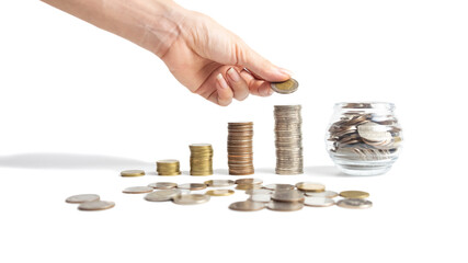 A hand holding of coins in collection on a white background and clipping path. This coin is denominated in Thai baht. Arrange the coins into a bar chart showing business and financial growth.