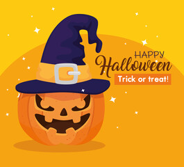 Canvas Print - happy halloween banner with pumpkin and witch hat vector illustration design