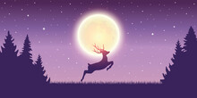 Jumping Deer In The Nature By Moon Light Vector Illustration EPS10