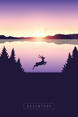 Wall Mural - jumping deer in the nature by lake at sunset vector illustration EPS10