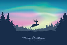 Christmas Greeting Card With Jumping Deer On Aurora Berealis Sky Background Vector Illustration EPS10