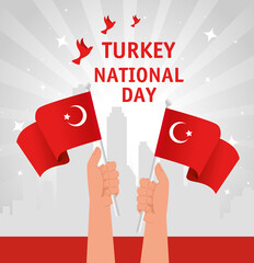 Sticker - 29 october republic day turkey and hands with flag vector illustration design