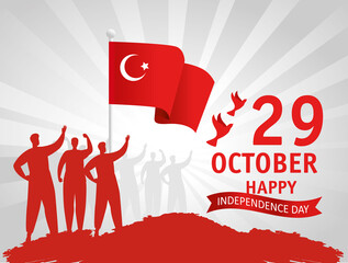 Sticker - 29 october republic day turkey and group people with flag vector illustration design