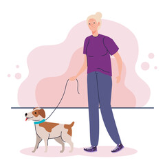 Sticker - old woman walking with dog pet vector illustration design