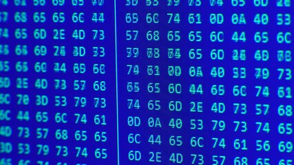 Wall Mural - close up on computer screen binary code on blue background.