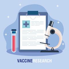 Poster - medical vaccine research, with checklist, tube test and microscope, scientific virus prevention study vector illustration design