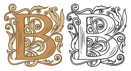 Wall Mural - Initial letter B with vintage Baroque decorations. Two vector uppercase letters B in beige and black-white colors. Beautiful filigree capital letter to use for monogram, logo, emblem, card, invitation