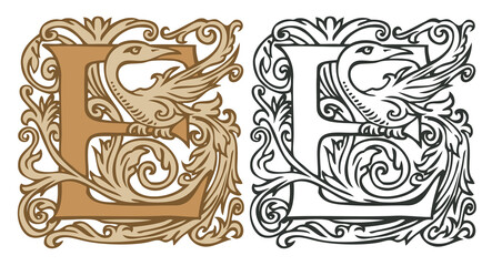 Wall Mural - Initial letter E with vintage Baroque decorations. Two vector uppercase letters E in beige and black-white colors. Beautiful filigree capital letter to use for monogram, logo, emblem, card, invitation