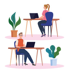 Wall Mural - coworking space, couple in desks with laptops, team working concept vector illustration design