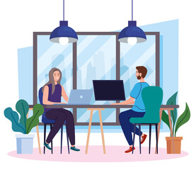 Canvas Print - coworking space, couple in desk with computers, team working concept vector illustration design