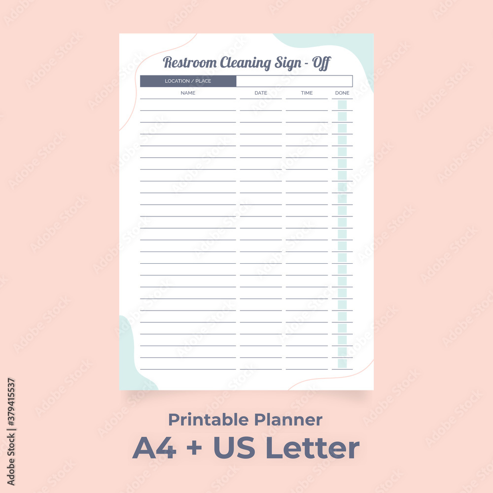 Minimalist Restroom Cleaning Sign-off Sheet, Bathroom Cleanup Schedule for Employees, Printable, Custom planner pages template vector paper A4 and US Letter Ai, EPS 10 and PDF File Stock Vector | Adobe Stock minimalist-restroom-cleaning-sign-off-sheet-bathroom-cleanup-schedule-for-employees-printable-custom-planner-pages-template-vector-paper-a4-and-us-letter-ai-eps-10-and-pdf-file-stock-vector-adobe-stock