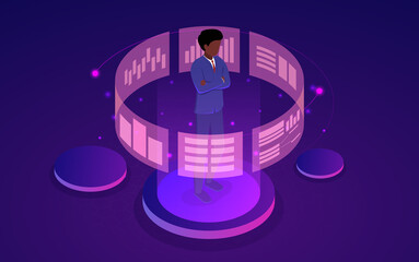 Poster - young businessman looking at a graphic chart standing in the centre of a circle of screens as he ana