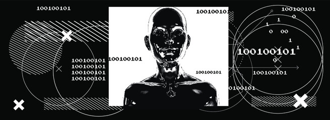 Poster - Abstract technology background with binary code and human silhouette. Conceptual illustration of Artificial intelligence, Cryptography and Cyber Security.