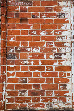 Old Red Brick Wall With Remnants Of Plaster And Paint, Texture, Background