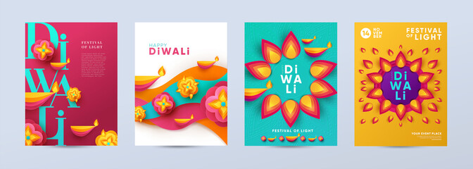 Aufkleber - Happy Diwali Hindu festival modern design set in paper cut style with oil lamps on colorful waves and beautiful flowers of lights. Holiday background for branding, card, banner, cover, flyer or poster