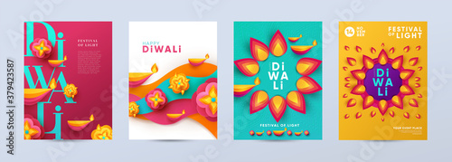 Fotografía Happy Diwali Hindu festival modern design set in paper cut style with oil lamps on colorful waves and beautiful flowers of lights