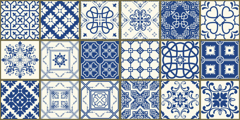  Set of 18 tiles Azulejos in blue, white. Original traditional Portuguese and Spain decor. Seamless patchwork tile with Victorian motives. Ceramic tile in talavera style. Vector
