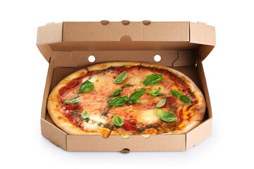 Canvas Print - Pizza Margherita in delivery box isolated on white background.