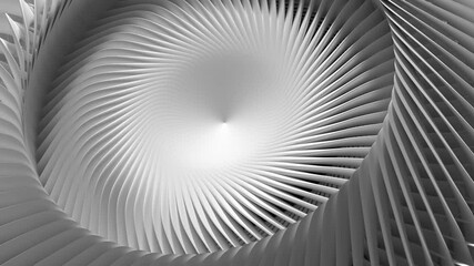 Wall Mural - 3d video loop of abstract black and white art of surreal 3d background with part of a turbine jet engine with sharp blades in white ceramic,  funnel in a spiral pattern with a hole in the centre