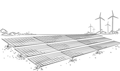 Wall Mural - Solar panels and wind turbines or alternative sources of energy. Ecological sustainable energy supply. Vector illustration design.