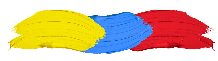 Poster - Primary color / acrylic paint background banner panorama - Abstract stroke / splash stains blobs brush of blue, red and yellow paint, isolated on white texture